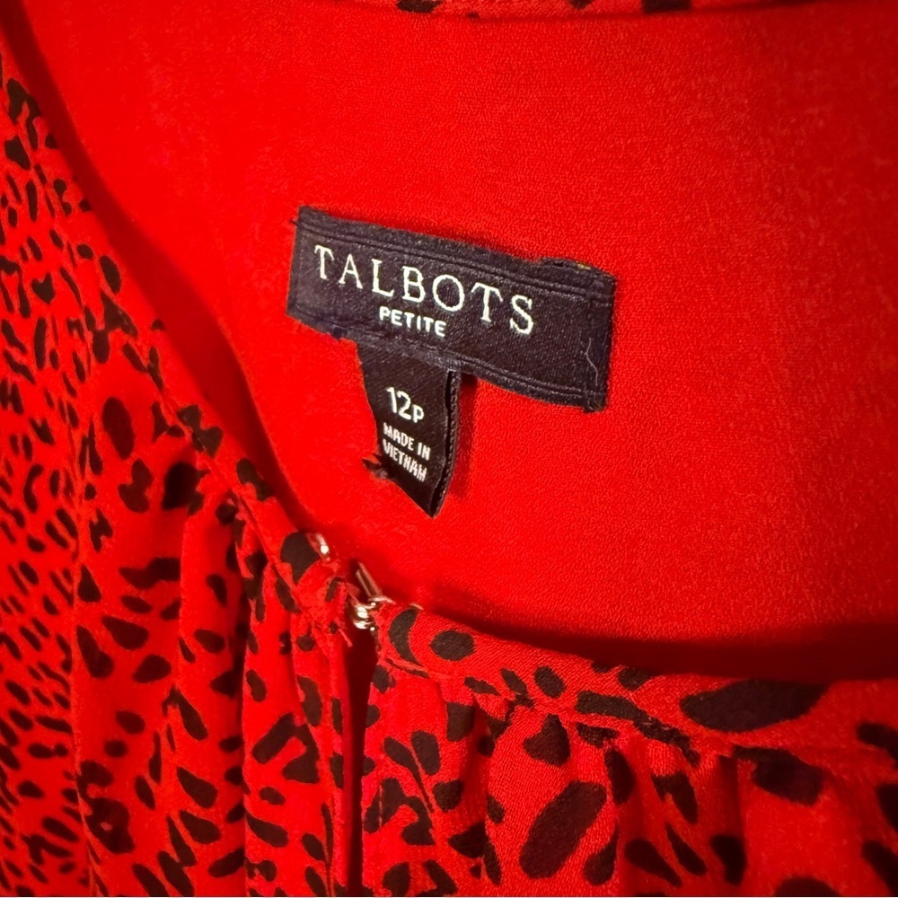 Talbots Petite Leopard Split Neck Long Sleeve Red Midi Dress SZ 12P - Picture 5 of 6